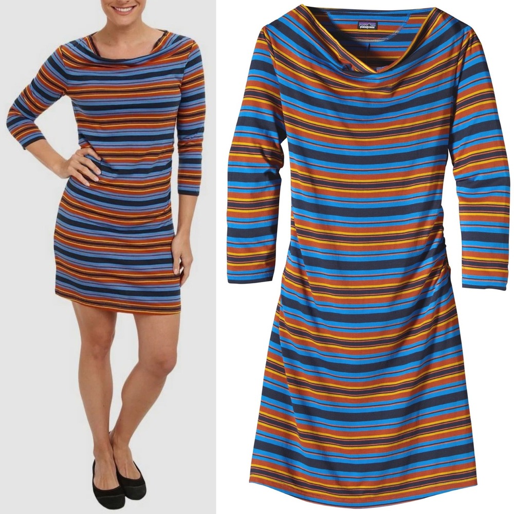 Patagonia Kamala Cowl Neck Striped Dress Womens Sz Medium Organic Lyocell Retro‎